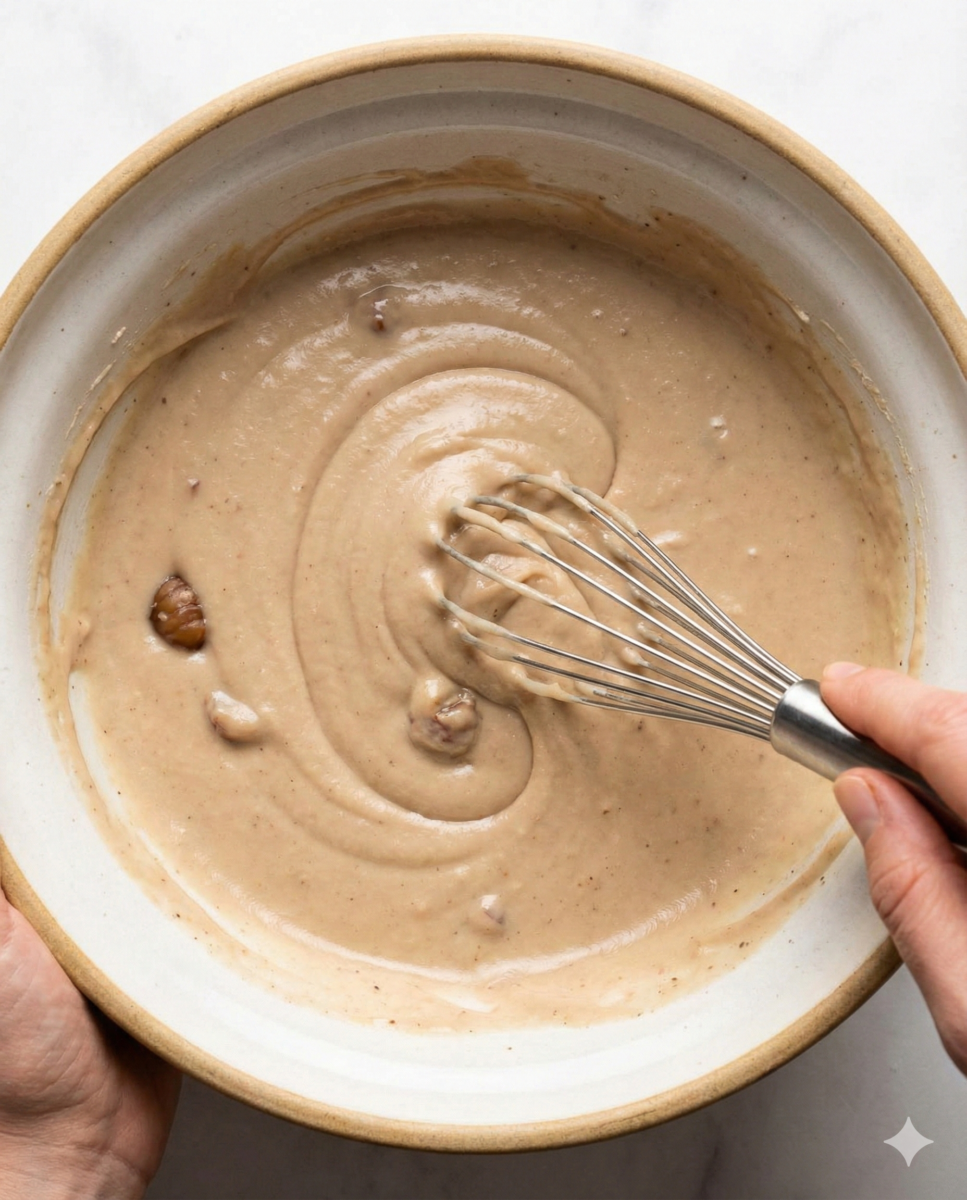 Un bol contenant une préparation lisse de crème de marron et de mascarpone, mélangée au fouet à main.