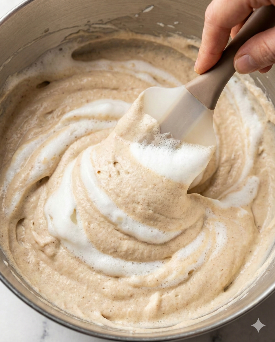 Une main utilise une spatule pour incorporer délicatement des blancs d'œufs montés en neige dans la crème de marron, créant des marbrures.