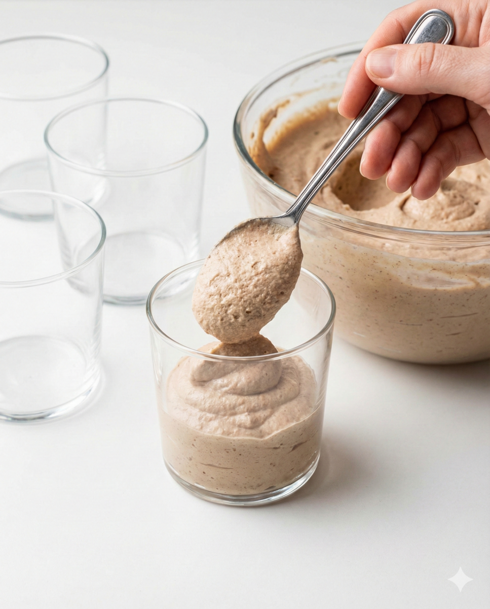 Une cuillère remplit une verrine en verre avec la mousse aux marrons terminée, prélevée dans un grand saladier.