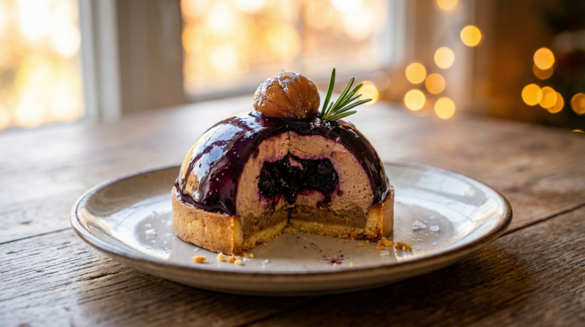Oubliez la bûche : ce dôme myrtille-marron fait sensation sur toutes les tables de Noël ! – dôme meringué myrtille-marron
