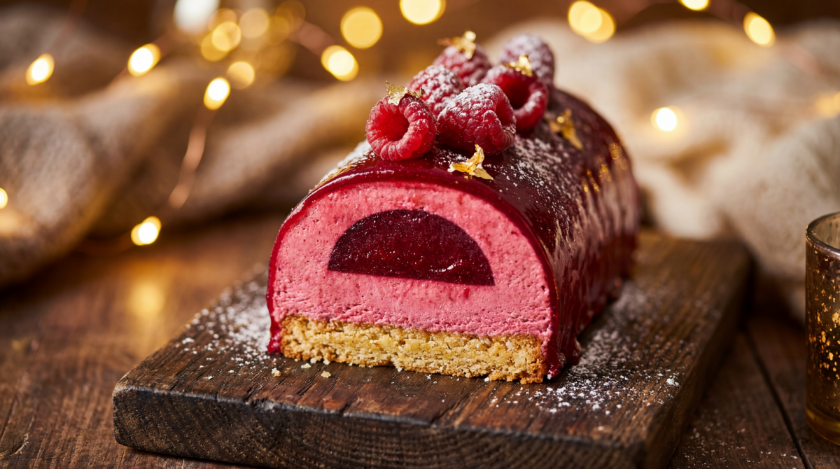 Bûche glacée à la framboise : biscuit aux amandes, mousse fruitée et insert gélifié pour une découpe nette et gourmande